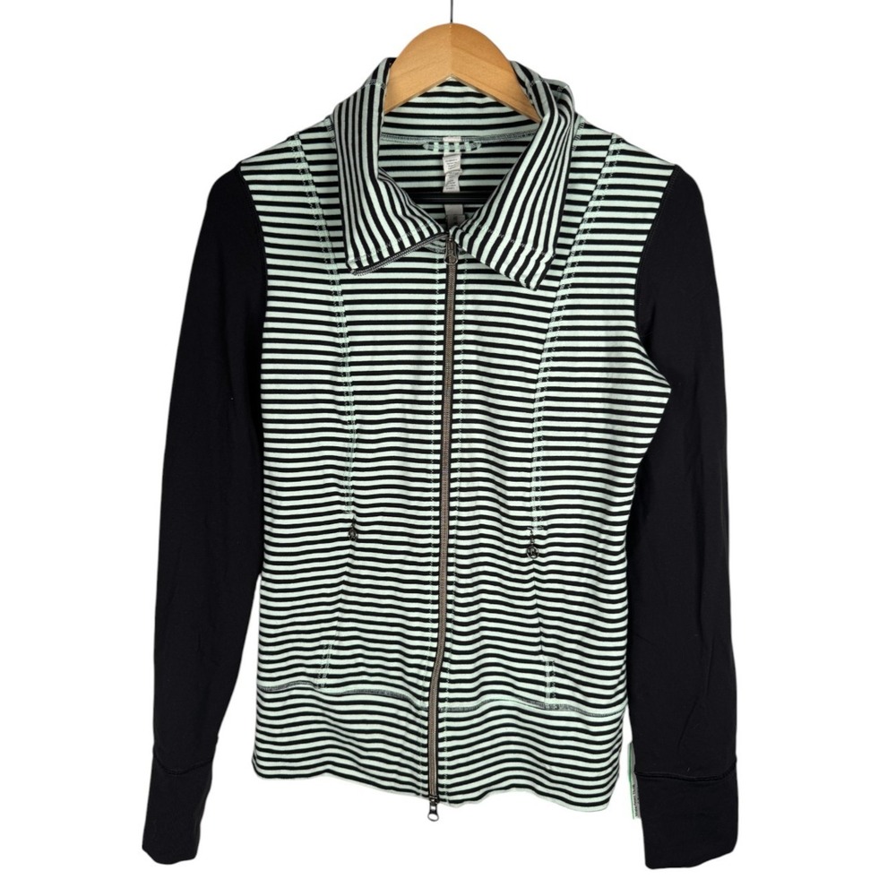 Lululemon Womens Sz 6 Jacket Green Black Striped‎ Full Zip Pockets Athleisure
